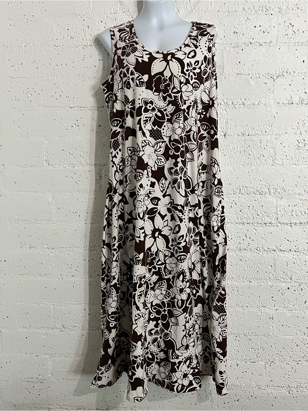 Denim & Co Womens Plus Maxi Dress 1X Brown Floral Tropical Sleeveless Stretch B3